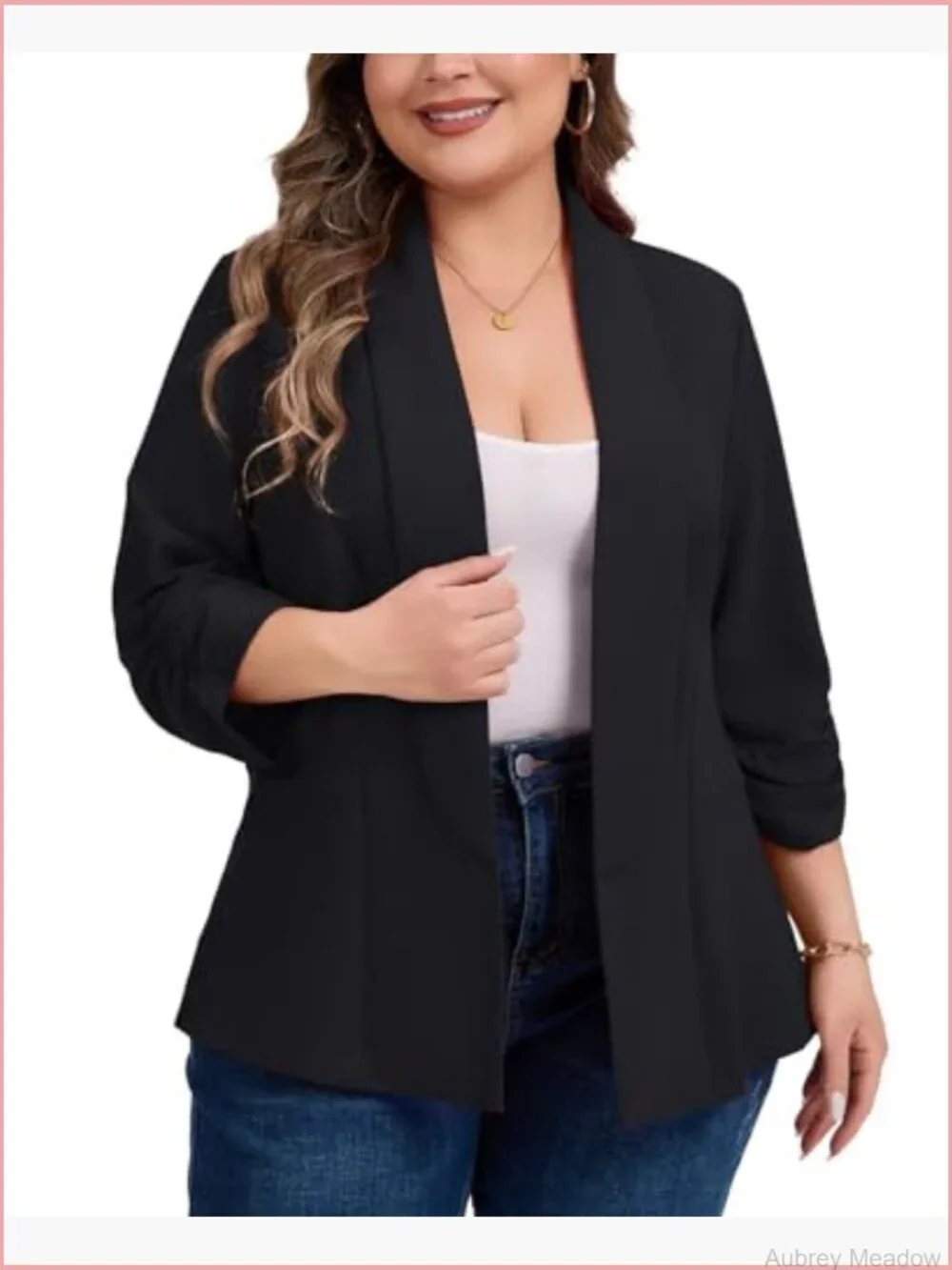 Plus Size Ruched 3/4 Sleeve Blazer Open Front Shawl Collar Suit Jacket